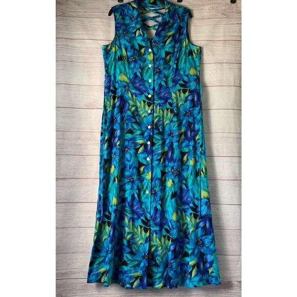 Vintage Scarlett Blue Floral Button Up Maxi Dress Crisscross Cutout Back Size 16 - Picture 1 of 16